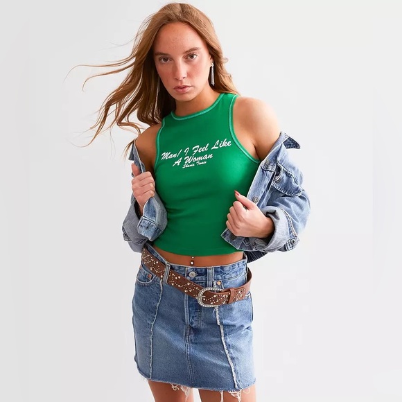 Shania Twain Man! I Feel Like A Woman Band Tank Top Medium New NWOT Green Crop - Picture 2 of 9